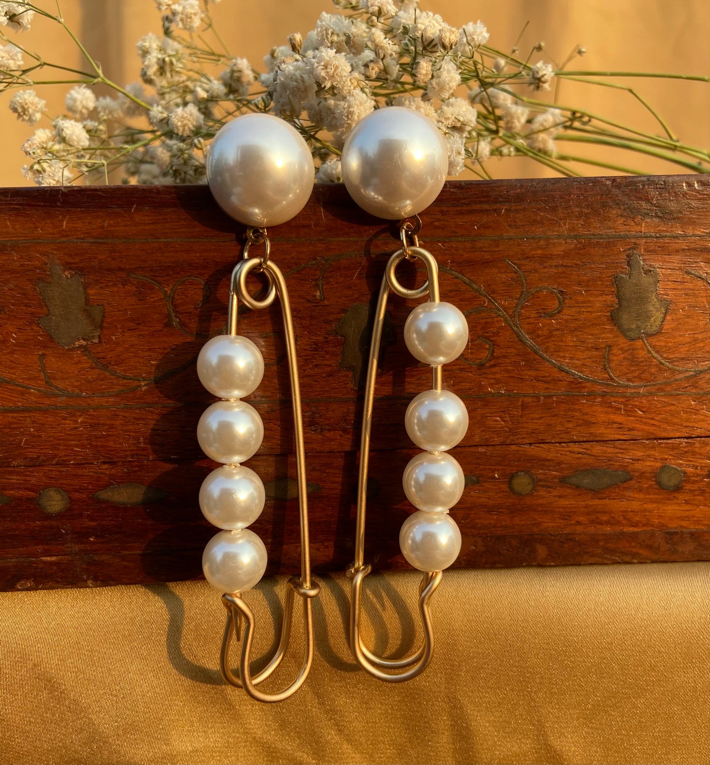 Gold Toned Pearl Safety Pin Earrings