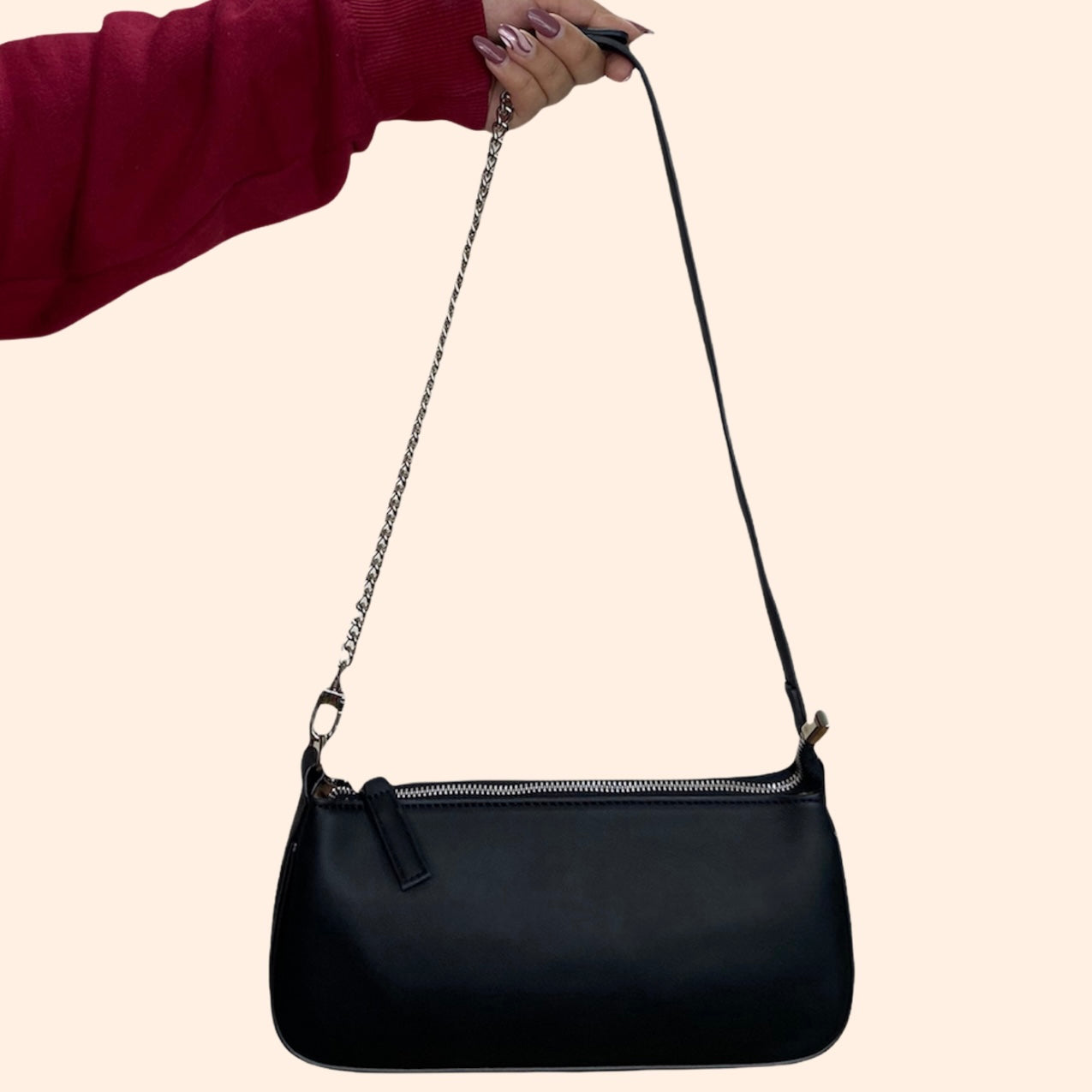 Solid Black Soft Matte Baguette Bag With Silver Hardware